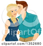 Poster, Art Print Of Sweet Brunette Caucasian Man Kissing A Beautiful Blond Woman On The Cheek