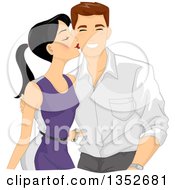 Sweet Woman Kissing A Happy Man On The Cheek