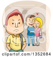 Poster, Art Print Of Cartoon Annoyed Teenage Boy By An Affectionate Couple In An Elevator