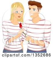 Clipart Of A Romantic Matching Caucasian Couple The Man Giving A Rose To The Woman Royalty Free Vector Illustration