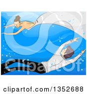Clipart Of A Sketched Bride And Groom Swimming Underwater Royalty Free Vector Illustration