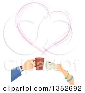 Poster, Art Print Of Hands Of A Caucasian Couple Clinking Coffee Cups Under A Steam Heart