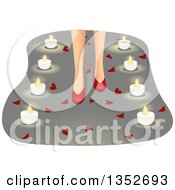 Womans Feet In Red High Heels Surrounded By Hearts And Candles