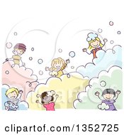 Poster, Art Print Of Doodled Group Of Children Playing In Bubbles