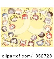 Poster, Art Print Of Doodled Border Of Kid Faces Over Yellow