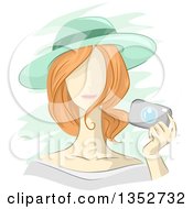Sketched Red Haired Caucasian Woman Wearing A Sun Hat And Holding A Camera