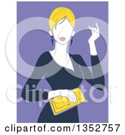 Clipart Of A Blond Fashionable Woman Holding A Yellow Hand Bag Over Purple Royalty Free Vector Illustration