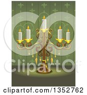 Poster, Art Print Of Gold Ornate Candelabra With Candles Over Green Wallpaper