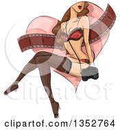 Clipart Of A Sexy Brunette White Woman Posing For A Boudoir Photo Over A Film Strip And Heart Royalty Free Vector Illustration