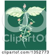 Clipart Of A Leaf Winged Naturopathic Floral Vine Caduceus On Green Royalty Free Vector Illustration