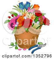 Poster, Art Print Of Basket With Flowers And Pruners