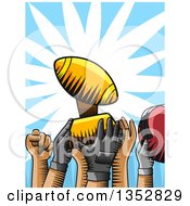 Poster, Art Print Of Woodcut Football Team Hands Holding Up A Trophy