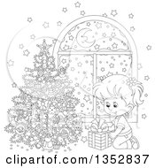 Poster, Art Print Of Cartoon Black And White Girl Putting A Christmas Gift Under A Tree By A Window With Snow Outside