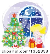 Poster, Art Print Of Blond Caucasian Girl Putting A Christmas Gift Under A Tree By A Window With Snow Outside