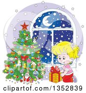 Poster, Art Print Of Cartoon Blond White Girl Putting A Christmas Gift Under A Tree By A Window With Snow Outside