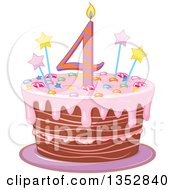 Clipart Of A Fourth Birthday Cake With A Number Candle Stars Candy And Pink Frosting Royalty Free Vector Illustration