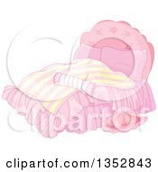 Clipart Of A Princess Bed With A Pink And Yellow Striped Comforter Royalty Free Vector Illustration