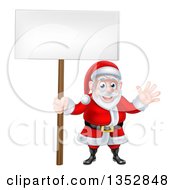 Clipart Of A Cartoon Christmas Santa Claus Waving And Holding A Blank Sign Royalty Free Vector Illustration