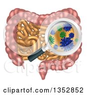 Magnifying Glass Zooming In On Gut Flora Bacteria Or Viruses In The Human Digestive System