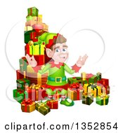 Poster, Art Print Of Brunette Caucasian Male Christmas Elf Surrounded With Gifts