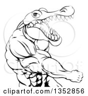 Clipart Of A Black And White Tough Muscular Crocodile Or Alligator Man Monster Punching Royalty Free Vector Illustration by AtStockIllustration