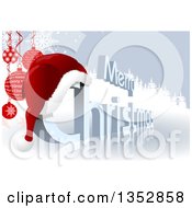 Poster, Art Print Of 3d Merry Christmas Greeting With A Santa Hat Over A Reflective Ice Surface With Suspended Baubles And Evergreen Trees
