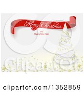 Poster, Art Print Of Red Merry Christmas And Happy New Year Greeting Ribbon Banner Over A White Tree With Gold Garlands And Stars