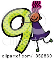 Doodled Toddler Art Sketched Pink Haired Black Girl On A Giant Green Polka Dot Number Nine