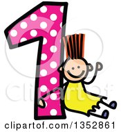 Doodled Toddler Art Sketched Orange Haired White Girl Waving And Sitting Against A Giant Pink Polka Dot Number One