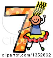 Clipart Of A Doodled Toddler Art Sketched Yellow Haired White Girl Playing On A Giant Orange Polka Dot Number Seven Royalty Free Vector Illustration