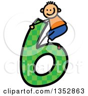 Doodled Toddler Art Sketched White Boy Playing On A Giant Green Checkered Patterned Number Six
