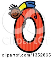 Poster, Art Print Of Doodled Toddler Art Sketched Black Boy On A Giant Orange Striped Dot Number Zero
