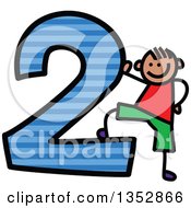 Clipart Of A Doodled Toddler Art Sketched White Boy Resting A Foot On A Giant Blue Striped Number Two Royalty Free Vector Illustration
