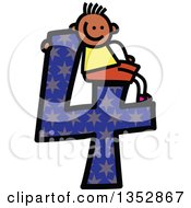 Poster, Art Print Of Doodled Toddler Art Sketched Black Boy Sitting On A Giant Star Patterned Number Four