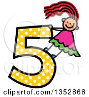 Poster, Art Print Of Doodled Toddler Art Sketched Red Haired White Girl On A Giant Yellow Polka Dot Number Five