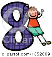 Poster, Art Print Of Doodled Toddler Art Sketched White Boy Cheering And Leaning On A Giant Purple Plaid Number Eight