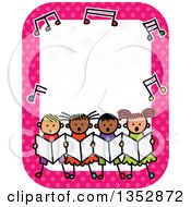 Poster, Art Print Of Doodled Toddler Art Sketched Group Of Children Singing In Chorus Under Music Notes On A Pink Polka Dot Border