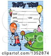 Poster, Art Print Of Doodled Toddler Art Sketched Birthday Party Invitation With A Happy Stick Boy Dinosaur And Lines For Event Details Over Blue Stripes