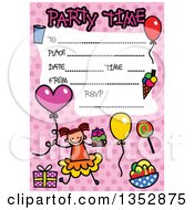 Poster, Art Print Of Doodled Toddler Art Sketched Birthday Party Invitation With A Happy Stick Girl And Lines For Event Details Over Pink Polka Dots