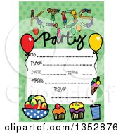Poster, Art Print Of Doodled Toddler Art Sketched Birthday Party Invitation With Cupcakes Kids And Lines For Event Details Over Green Polka Dots