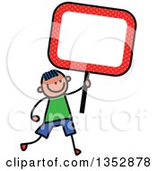 Poster, Art Print Of Doodled Toddler Art Sketched Blue Haired White Boy Holding An Orange Polka Dot Blank Sign