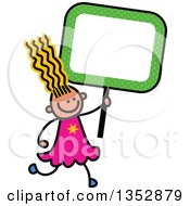 Poster, Art Print Of Doodled Toddler Art Sketched Yellow Haired White Girl Holding A Green Polka Dot Blank Sign