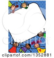Poster, Art Print Of Doodled Toddler Art Sketched Blank Sign Surrounded By Happy Children Over Blue Polka Dots