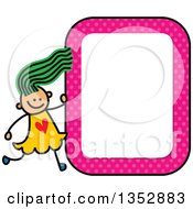 Poster, Art Print Of Doodled Toddler Art Sketched Green Haired White Girl With A Pink Polka Dot Blank Sign