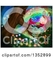 Poster, Art Print Of Child In A Bunny Costume Sleeping In A Tree With Bees Flowers Hearts Bubbles And A Rainbow