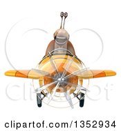 Clipart Of A 3d Snail Aviatior Pilot Flying A Yellow Airplane On A White Background Royalty Free Vector Illustration