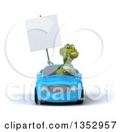 Clipart Of A 3d Crocodile Holding A Blank Sign And Driving A Blue Convertible Car On A White Background Royalty Free Vector Illustration