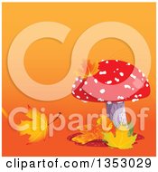 Poster, Art Print Of Fly Agaric Mushroom With Autumn Leaves Over Gradient