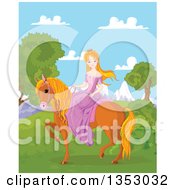 Poster, Art Print Of Red Haired Princess Riding A Brown Horse Against Mountains