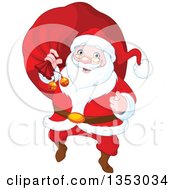 Poster, Art Print Of Cartoon Jolly Christmas Santa Claus Carrying A Sack